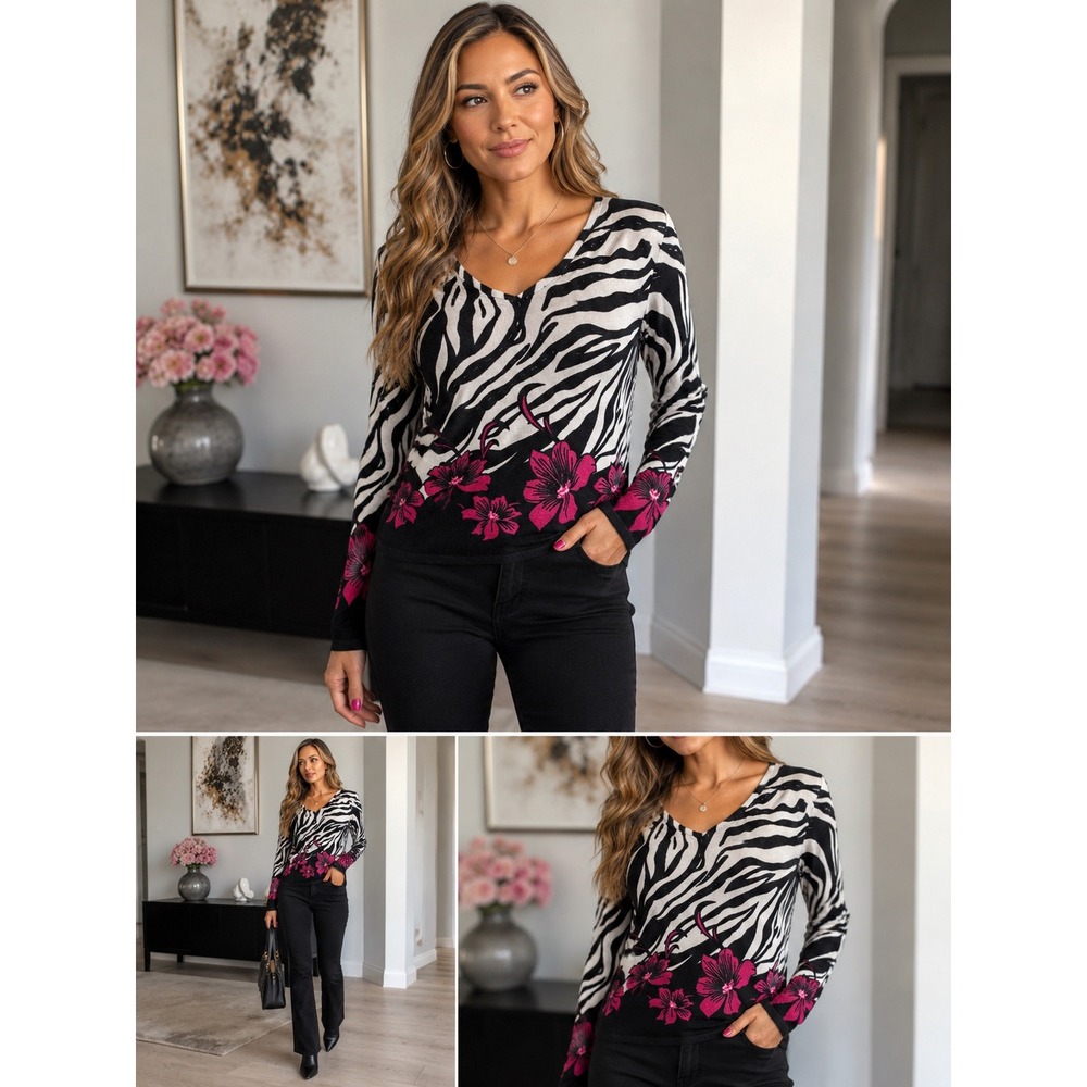 Pierri New York Top Womens M Zebra Floral Beaded V Neck Y2K Black Pink Stretch